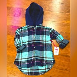 NWT Justice Girls Plaid Button Up Hooded Kids Shirt - Blue and Green Size 10